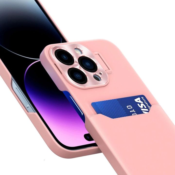 Odinis dėklas su stovu iPhone 14 Pro kortelių dėklas su stovu rožinės spalvos