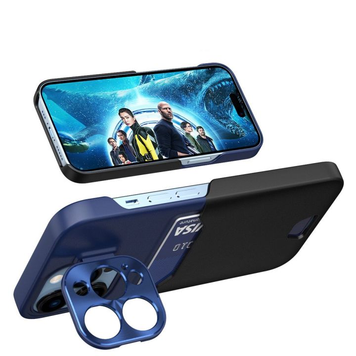Odinis dėklas su stovu iPhone 14 Pro Max kortelių dėklas su stovu, mėlynos spalvos