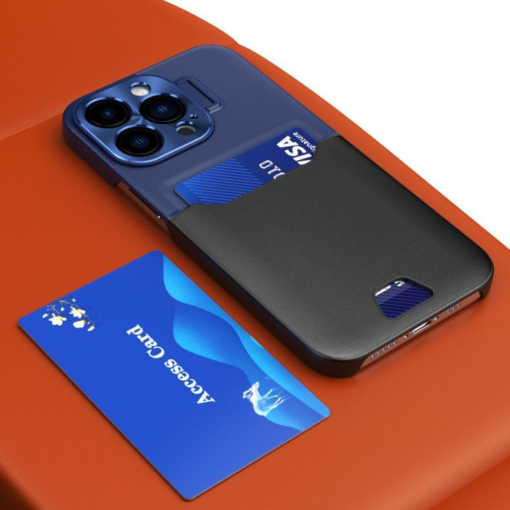 Odinis dėklas su stovu iPhone 14 Pro Max kortelių dėklas su stovu, mėlynos spalvos