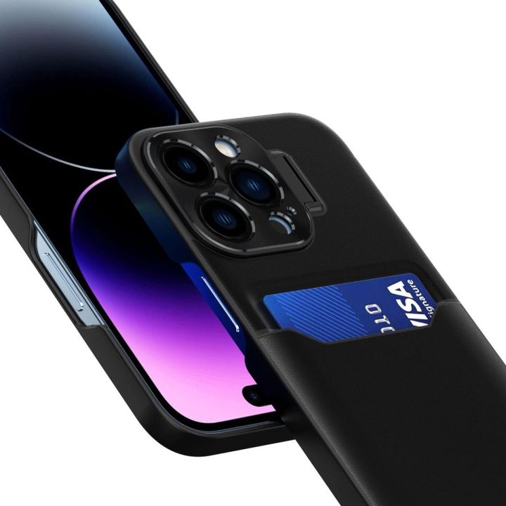 Odinis dėklas su stovu iPhone 14 Pro Max kortelių dėklas su stovu juodas