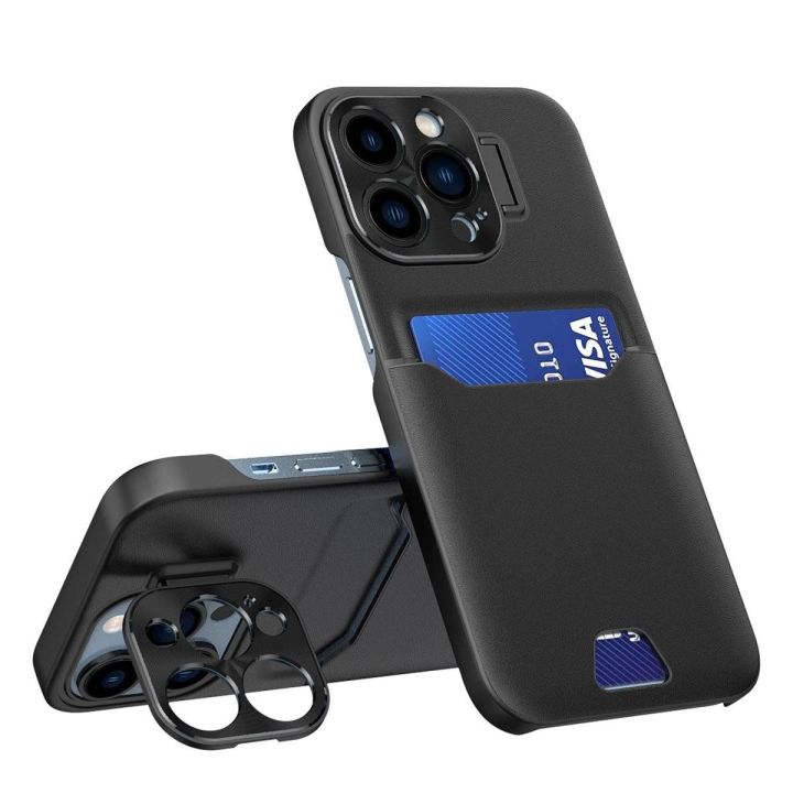 Odinis dėklas su stovu iPhone 14 Pro Max kortelių dėklas su stovu juodas