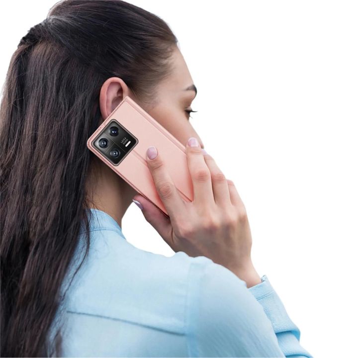 Skin Pro Xiaomi 13 dėklas su atvartu ir kortelių dėklu rožinės spalvos