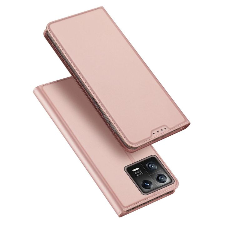 Skin Pro Xiaomi 13 dėklas su atvartu ir kortelių dėklu rožinės spalvos