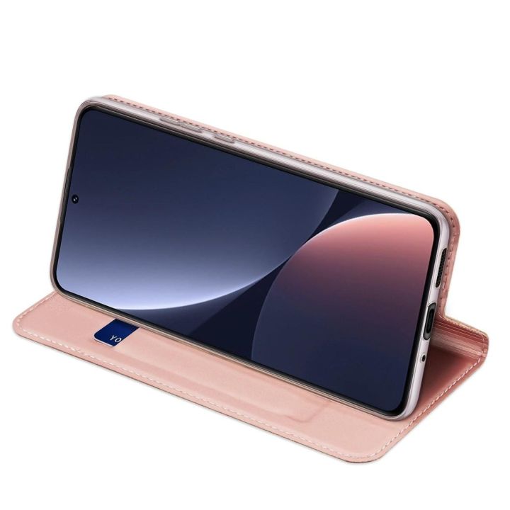 Skin Pro Xiaomi 13 dėklas su atvartu ir kortelių dėklu rožinės spalvos