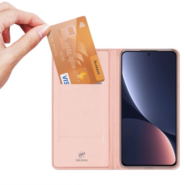 Skin Pro Xiaomi 13 dėklas su atvartu ir kortelių dėklu rožinės spalvos