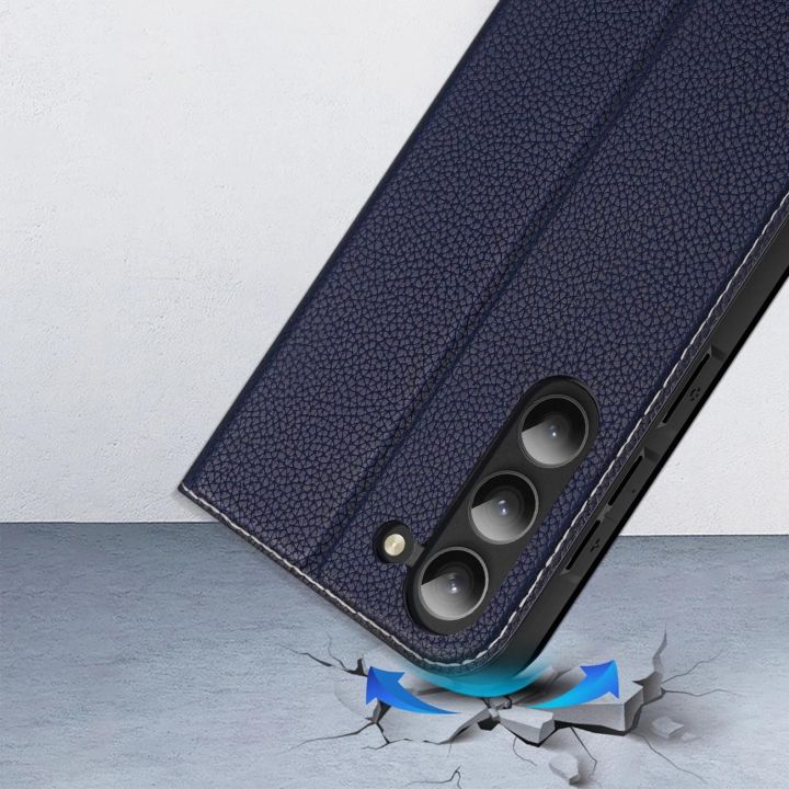 Skin X2 Samsung Galaxy S23+ dėklas su atvartu, piniginės stovas mėlynas