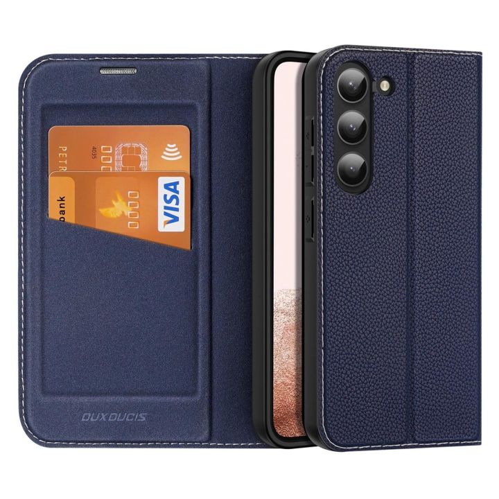 Skin X2 Samsung Galaxy S23+ dėklas su atvartu, piniginės stovas mėlynas