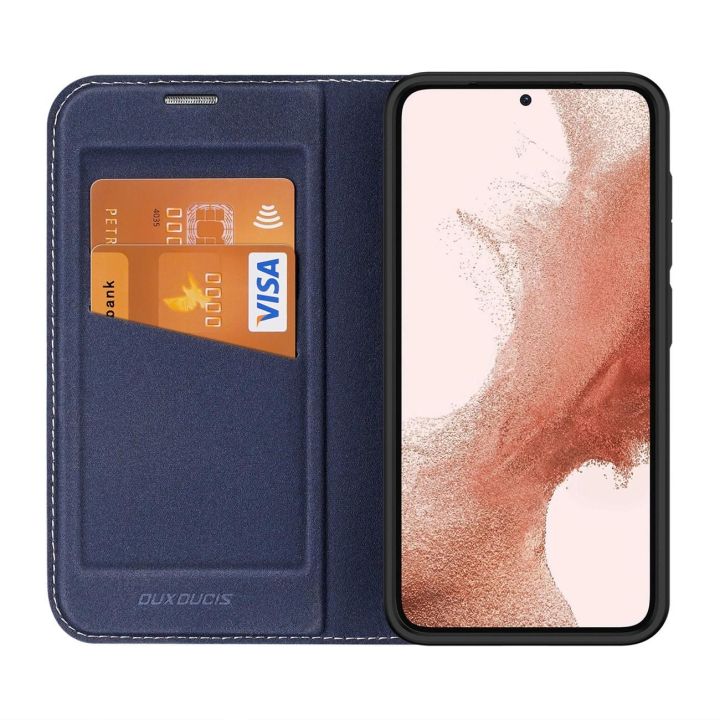 Skin X2 Samsung Galaxy S23+ dėklas su atvartu, piniginės stovas mėlynas