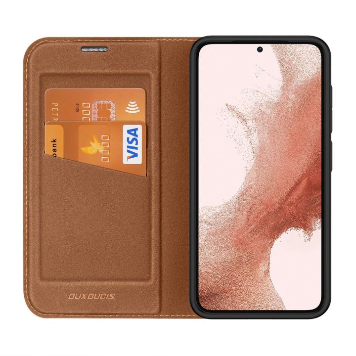 Skin X2 Samsung Galaxy S23+ dėklas su atvartu, piniginė, stovas, rudos spalvos