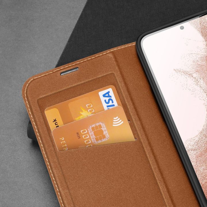 Skin X2 Samsung Galaxy S23+ dėklas su atvartu, piniginė, stovas, rudos spalvos
