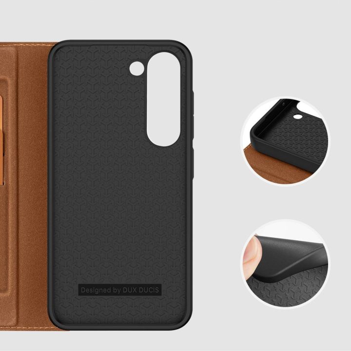 Skin X2 Samsung Galaxy S23+ dėklas su atvartu, piniginė, stovas, rudos spalvos