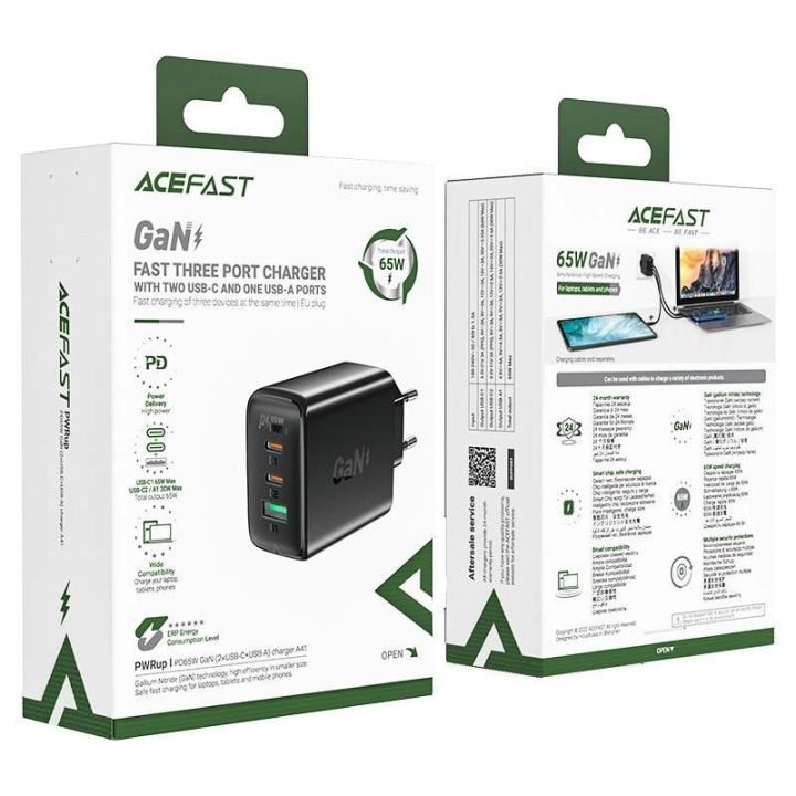 Greitasis įkroviklis Acefast GaN (2xUSB A) PPS / PD / QC4+ 65W, juodas (A41)
