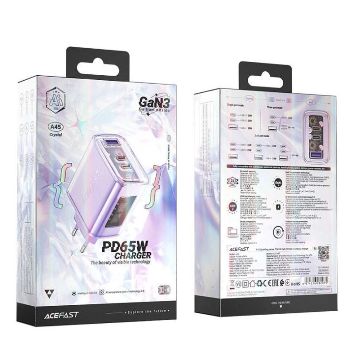 Acefast GaN 65W 3 prievadų įkroviklis (1xUSB, 2xUSB C), violetinės spalvos (A45)