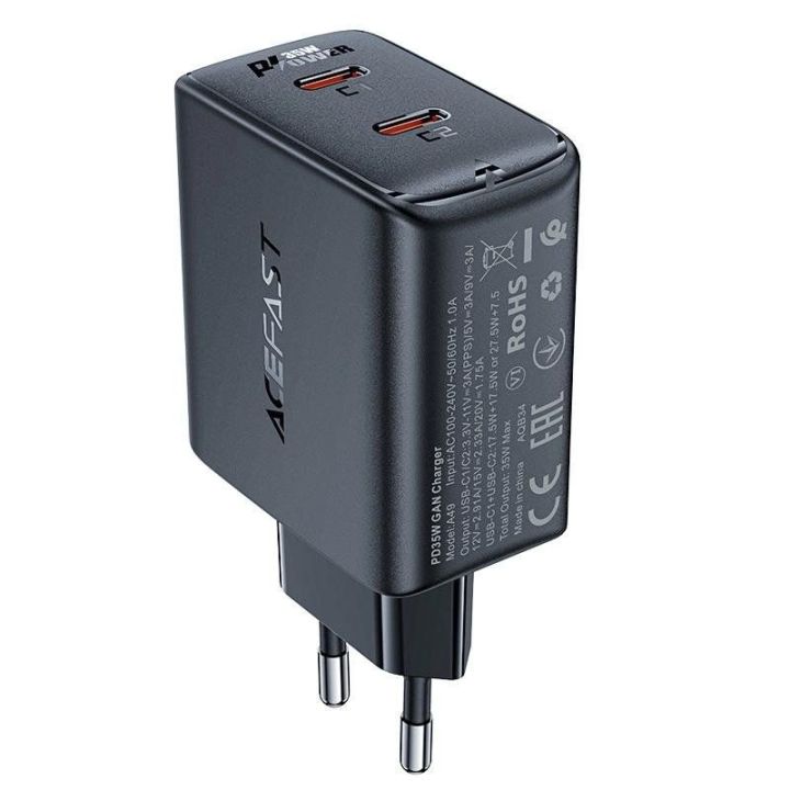 GaN 35W PD 2x USB C Acefast A49 greitasis įkroviklis - juodas