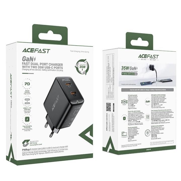 GaN 35W PD 2x USB C Acefast A49 greitasis įkroviklis - juodas