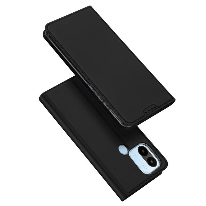 Skin Pro dėklas Xiaomi Redmi A1+ su atverčiamu dangteliu, kortelių dėklas, piniginės stovas, juodas