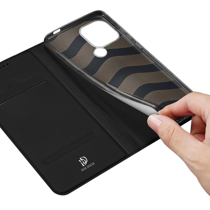 Skin Pro dėklas Xiaomi Redmi A1+ su atverčiamu dangteliu, kortelių dėklas, piniginės stovas, juodas
