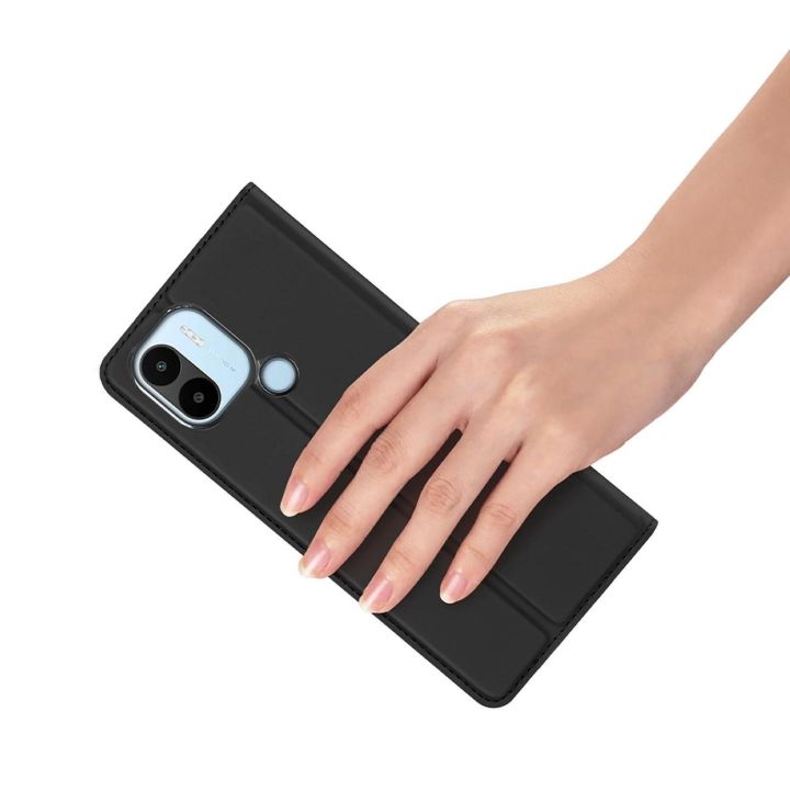 Skin Pro dėklas Xiaomi Redmi A1+ su atverčiamu dangteliu, kortelių dėklas, piniginės stovas, juodas