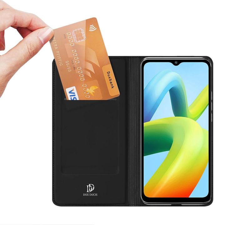 Skin Pro dėklas Xiaomi Redmi A1+ su atverčiamu dangteliu, kortelių dėklas, piniginės stovas, juodas