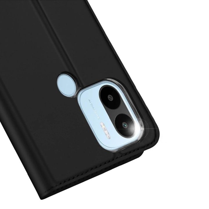 Skin Pro dėklas Xiaomi Redmi A1+ su atverčiamu dangteliu, kortelių dėklas, piniginės stovas, juodas