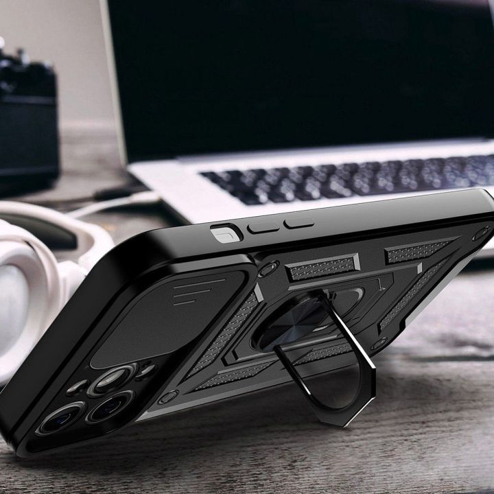 Hybrid Armor Camshield dėklas Realme 10 Pro+ šarvuotas dėklas su kameros dangteliu juodas