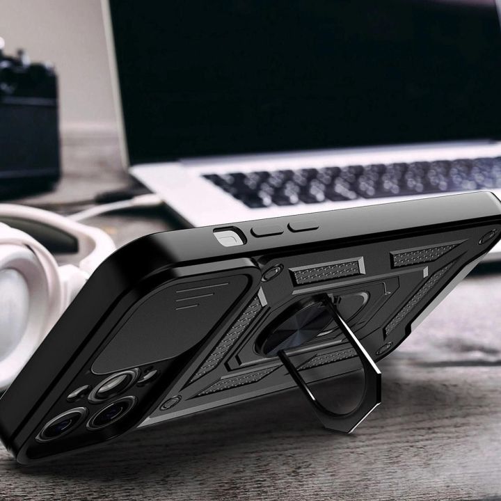Hybrid Armor Camshield dėklas Realme 10 Pro šarvuotas dėklas su kameros dangteliu juodas