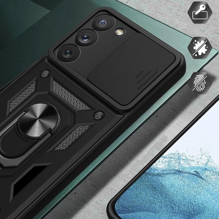 Hybrid Armor Camshield dėklas Samsung Galaxy S23+ šarvuotas dėklas su kameros dangteliu, mėlynos spalvos