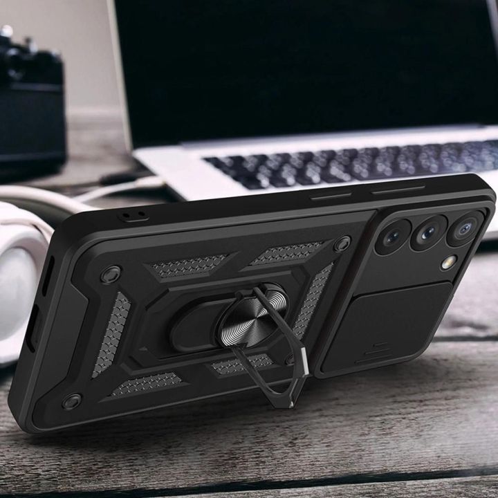 Hybrid Armor Camshield dėklas Samsung Galaxy S23+ šarvuotas dėklas su kameros dangteliu, mėlynos spalvos