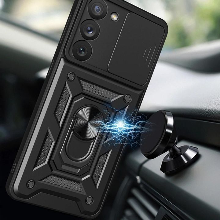 Hybrid Armor Camshield dėklas Samsung Galaxy S23+ šarvuotas dėklas su kameros dangteliu, mėlynos spalvos