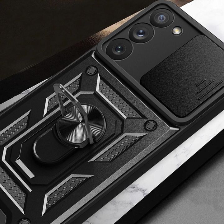 Hybrid Armor Camshield dėklas Samsung Galaxy S23+ šarvuotas dėklas su kameros dangteliu, mėlynos spalvos