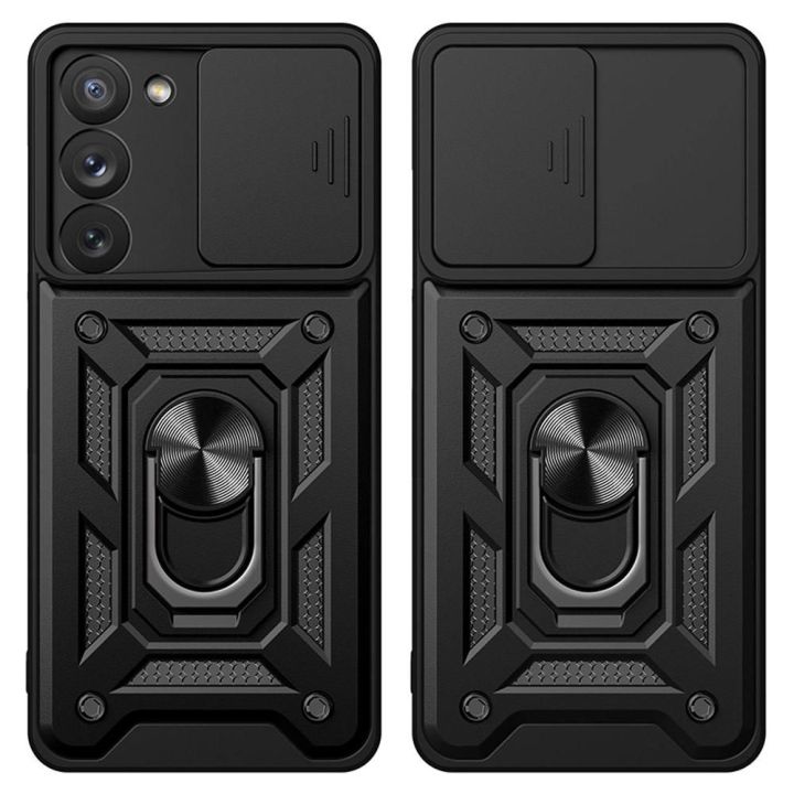 Hybrid Armor Camshield dėklas Samsung Galaxy S23+ šarvuotas dėklas su kameros dangteliu, mėlynos spalvos