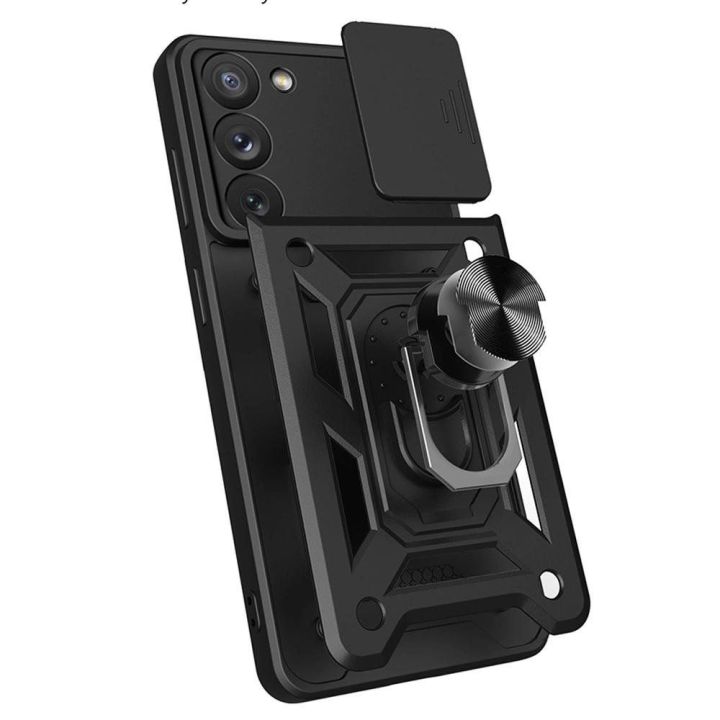 Hybrid Armor Camshield dėklas Samsung Galaxy S23+ šarvuotas dėklas su kameros dangteliu, mėlynos spalvos