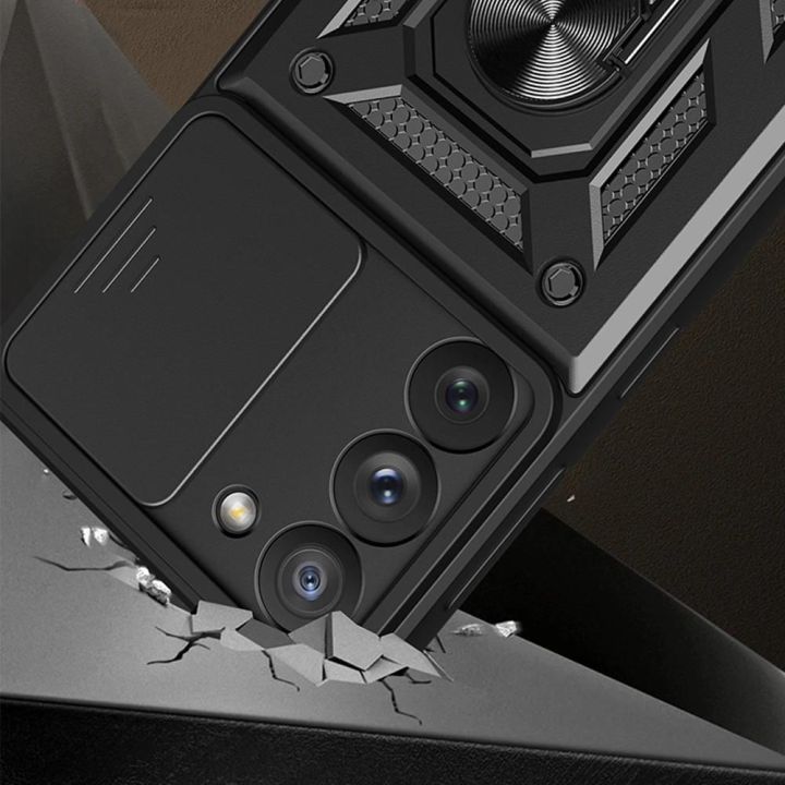 Hybrid Armor Camshield dėklas Samsung Galaxy S23+ šarvuotas dėklas su kameros dangteliu, mėlynos spalvos