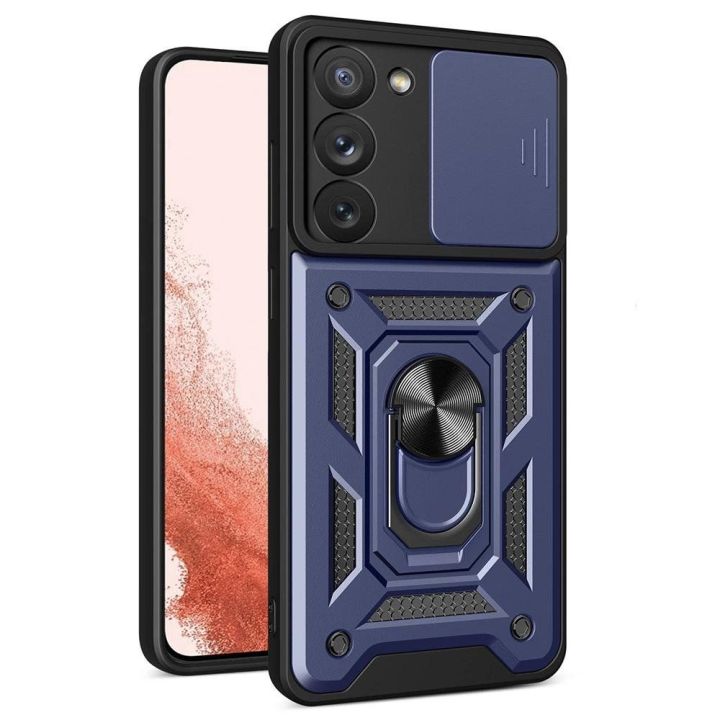 Hybrid Armor Camshield dėklas Samsung Galaxy S23+ šarvuotas dėklas su kameros dangteliu, mėlynos spalvos