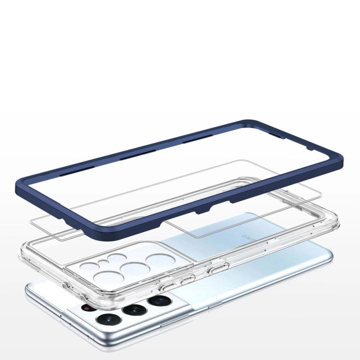 Skaidrus 3in1 dėklas Samsung Galaxy S23 Ultra silikoninis dangtelis su rėmeliu, mėlynas