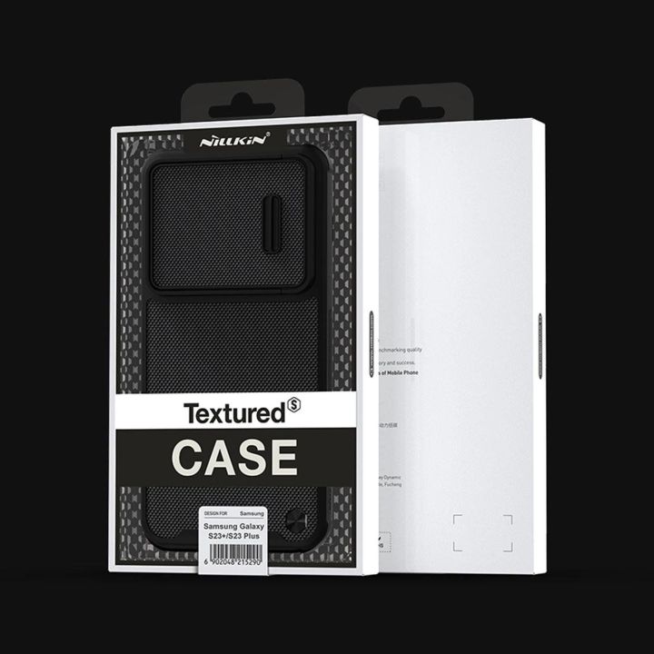 Nillkin Textured S Case Samsung Galaxy S23+ šarvuotas dėklas su kameros dangteliu, juodas