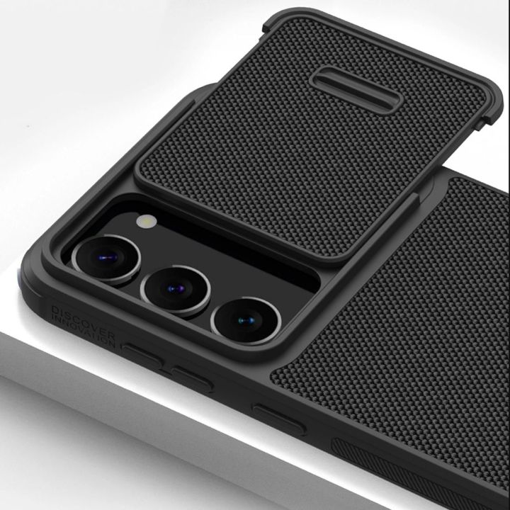 Nillkin Textured S Case Samsung Galaxy S23+ šarvuotas dėklas su kameros dangteliu, juodas