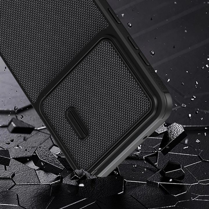 Nillkin Textured S Case Samsung Galaxy S23+ šarvuotas dėklas su kameros dangteliu, juodas