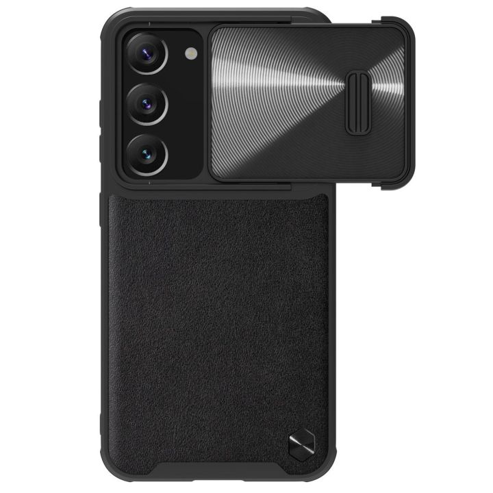 Nillkin CamShield Leather S Case Samsung Galaxy S23+ dėklas su kameros dangteliu juodas