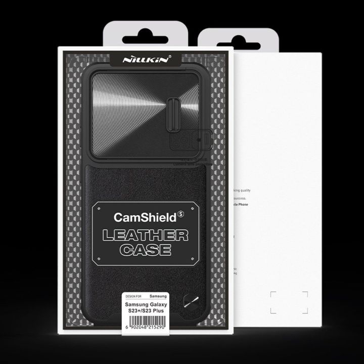 Nillkin CamShield Leather S Case Samsung Galaxy S23+ dėklas su kameros dangteliu juodas
