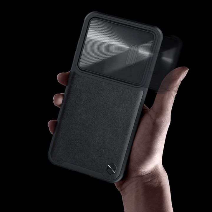 Nillkin CamShield Leather S Case Samsung Galaxy S23+ dėklas su kameros dangteliu juodas