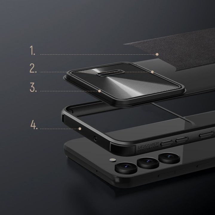 Nillkin CamShield Leather S Case Samsung Galaxy S23+ dėklas su kameros dangteliu juodas