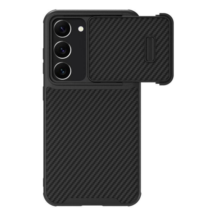 Nillkin sintetinio pluošto S dėklas Samsung Galaxy S23+ fotoaparato dangtelis juodas