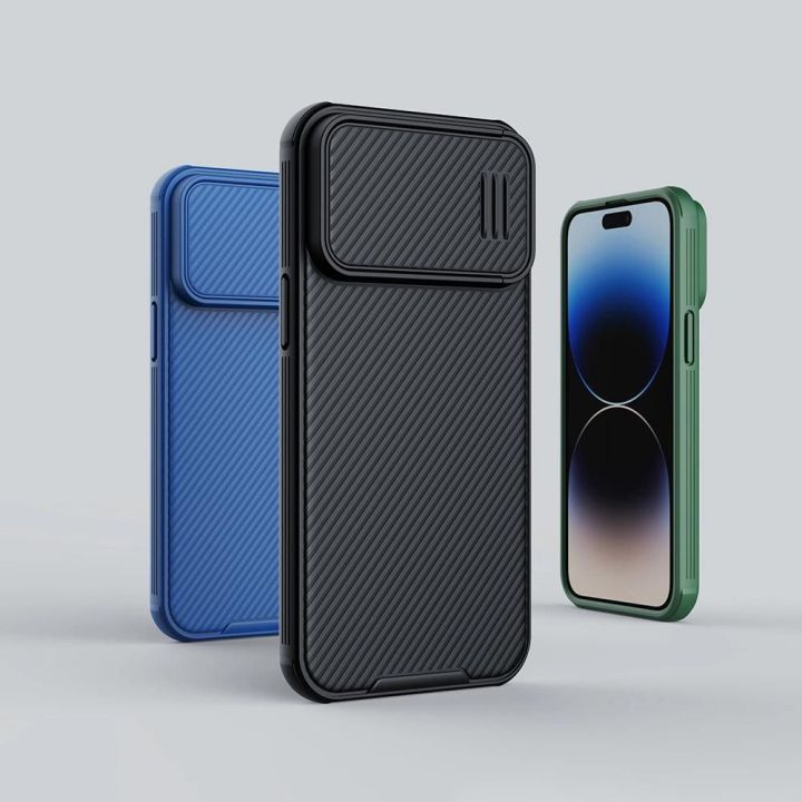 Nillkin CamShield S dėklas iPhone 14 Pro Max šarvuotas dėklas fotoaparato dangtelis mėlynas