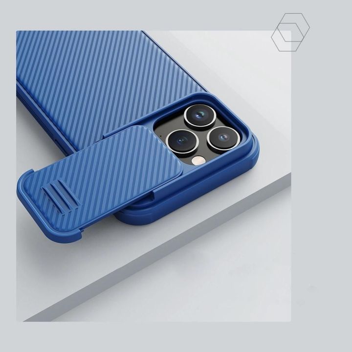 Nillkin CamShield S dėklas iPhone 14 Pro Max šarvuotas dėklas fotoaparato dangtelis mėlynas