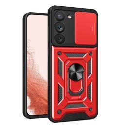 Hybrid Armor Camshield dėklas Samsung Galaxy S23+ šarvuotas dėklas su kameros dangteliu raudonos spalvos