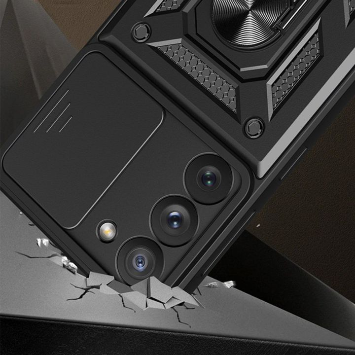 Hybrid Armor Camshield dėklas Samsung Galaxy S23+ šarvuotas dėklas su kameros dangteliu raudonos spalvos