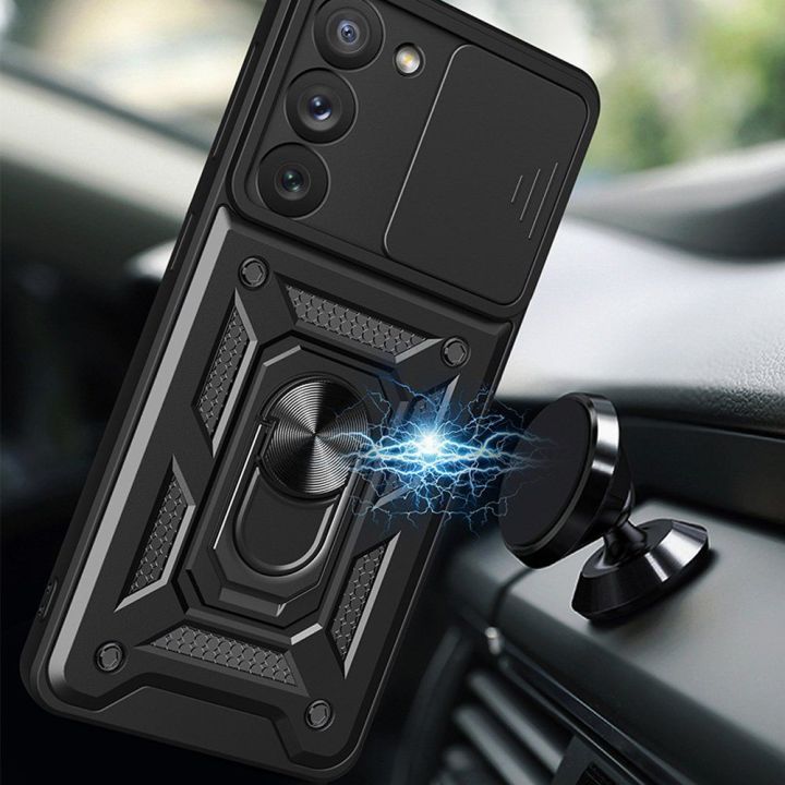 Hybrid Armor Camshield dėklas Samsung Galaxy S23+ šarvuotas dėklas su kameros dangteliu raudonos spalvos