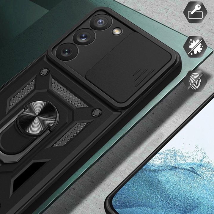 Hybrid Armor Camshield dėklas Samsung Galaxy S23+ šarvuotas dėklas su kameros dangteliu raudonos spalvos
