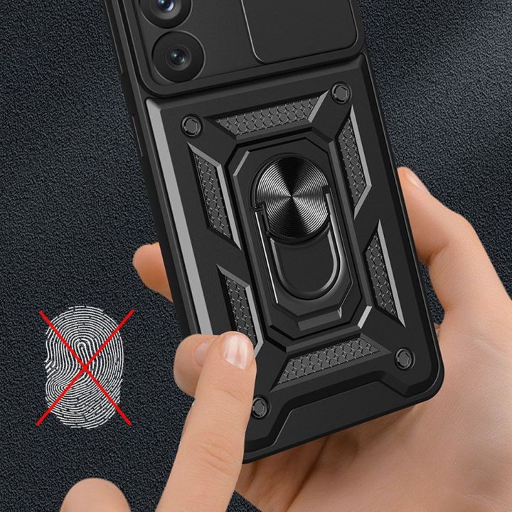Hybrid Armor Camshield dėklas Samsung Galaxy S23+ šarvuotas dėklas su kameros dangteliu raudonos spalvos